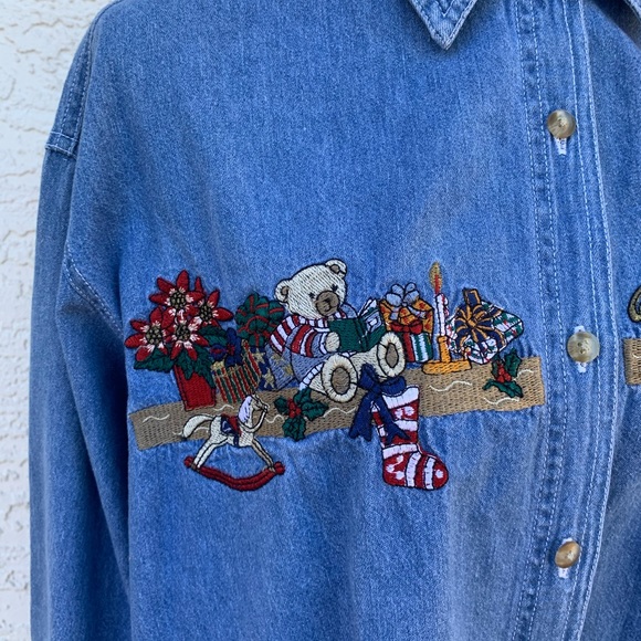 Vintage Bobbie Green Holiday Embroidered Long Sleeve Denim Shirt - Picture 8 of 9